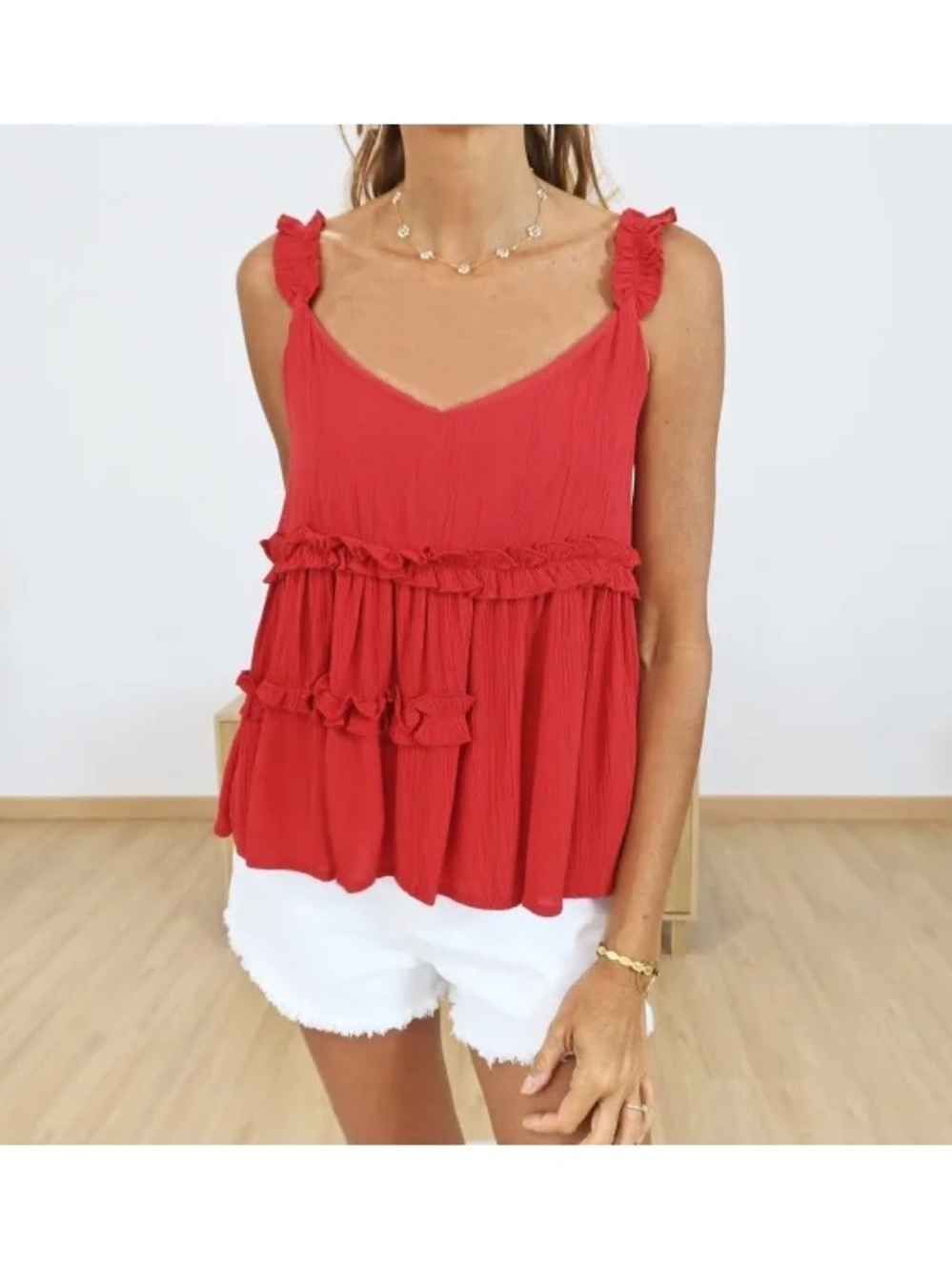 Red Ruffle Tiered V-Neck Sleeveless Tank Top - Women